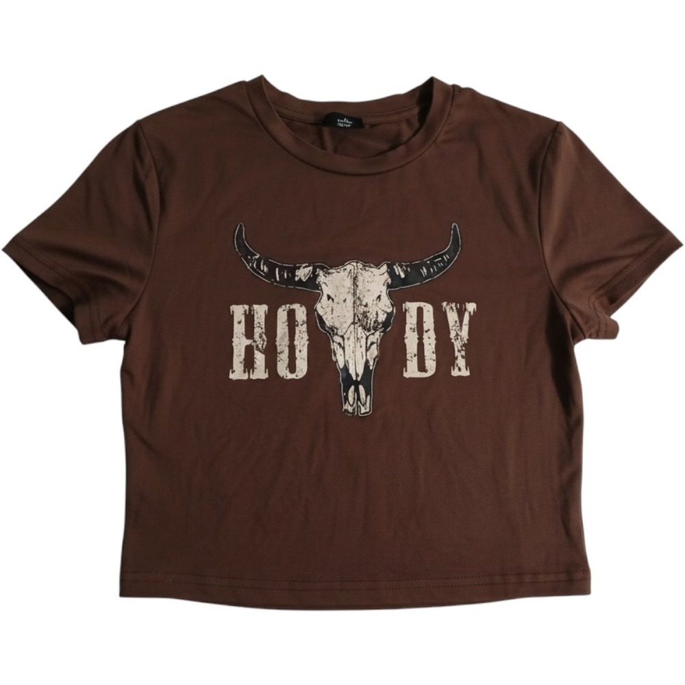 SHEIN Brown Howdy Steer Skull Graphic Crop Top Short Sleeve Western Tee Small